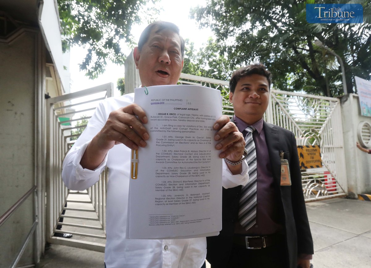 Former Caloocan Second District Representative Egay Erice has filed graft and corruption complaints against Commission on Elections chairperson George Erwin Garcia on Tuesday at the Office of the Ombudsman. The former lawmaker said that Garcia and other members of the poll body’s Bids and Awards Committee were allegedly involved in corruption over the MIRU systems deal. Photo/Analy Labor